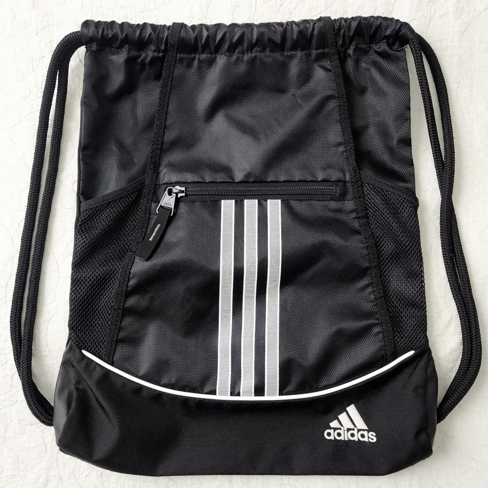 Adidas Black 3 Stripe Sackpack With Continuous Double Drawcord Closure